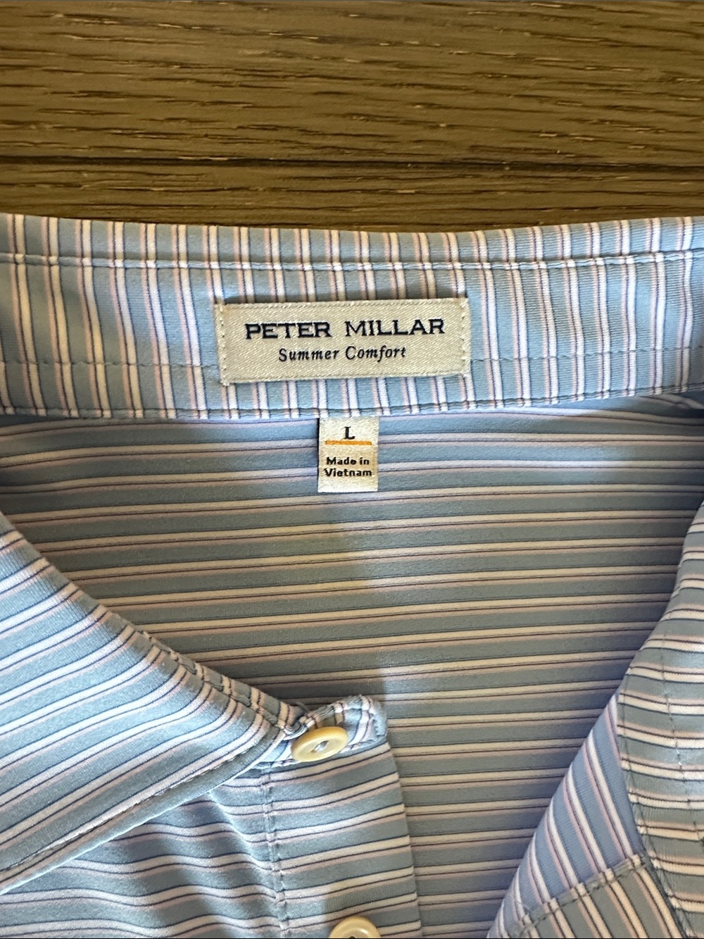 Peter Millar Summer Comfort performance polo blue with pink & white stripe L - Picture 4 of 9